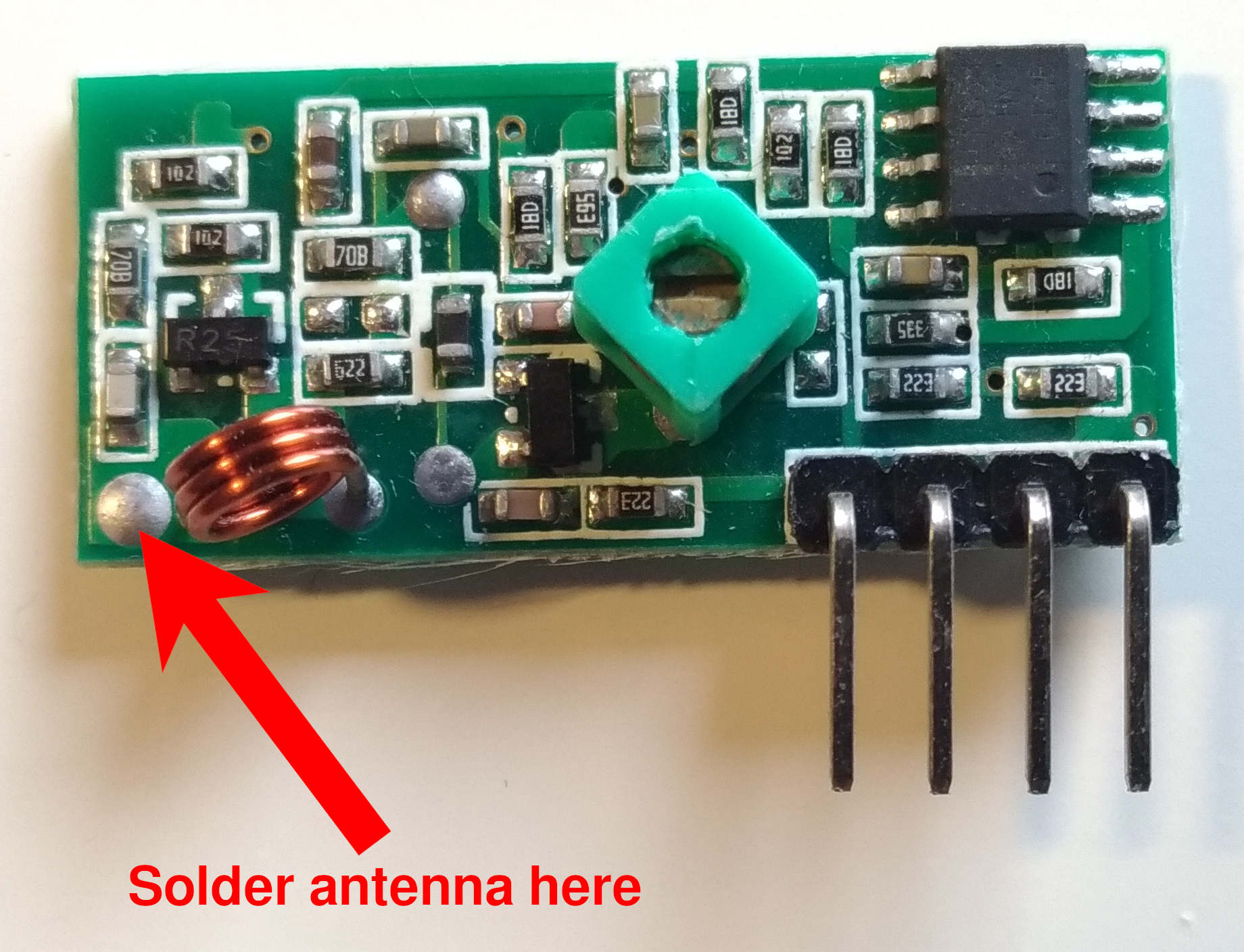 Where to solder the antenna to the receiver module