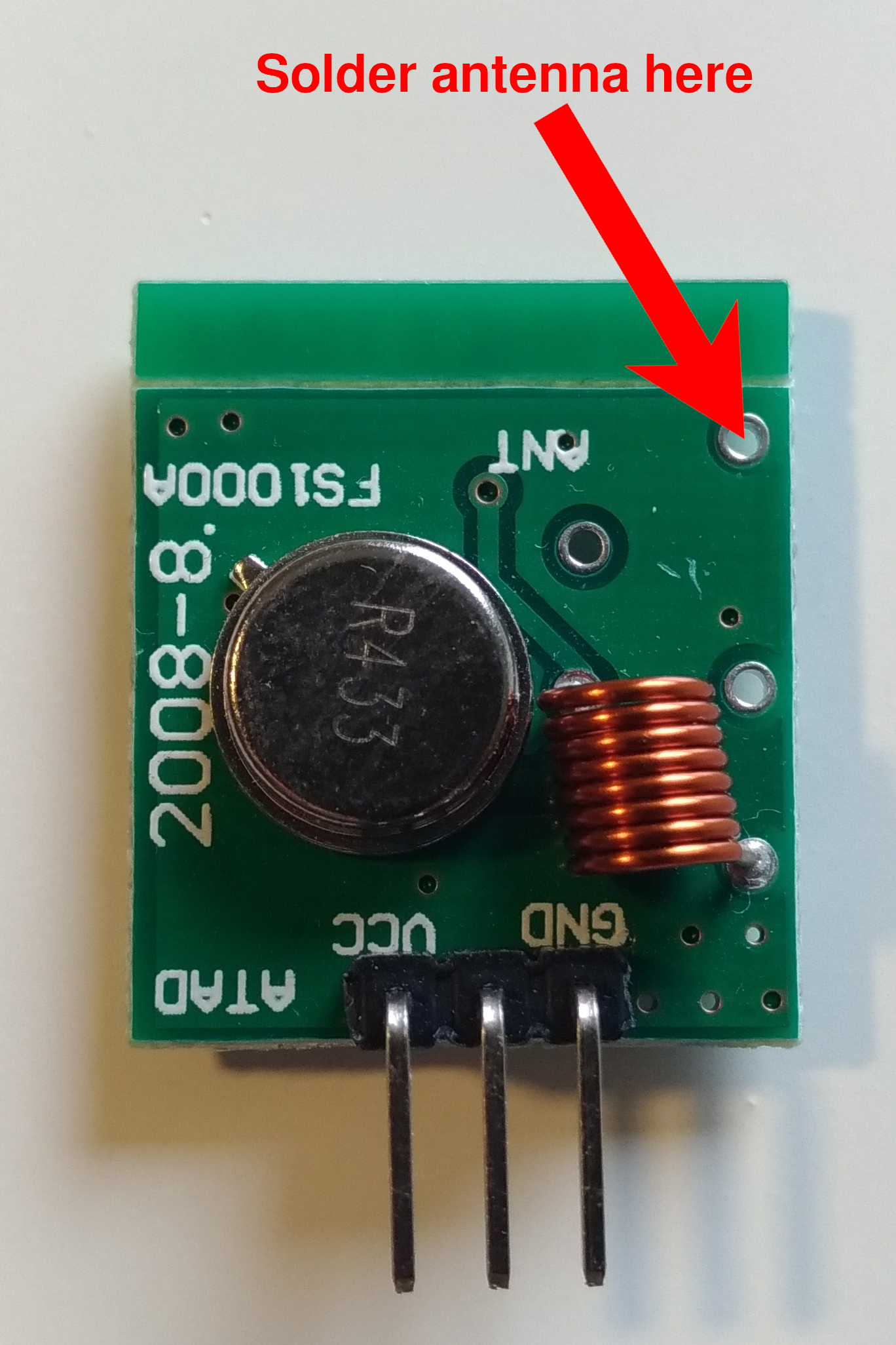 Where to solder the antenna to the transmitter module